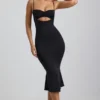 Vestito midi Julane in jersey elasticizzato con ruches e cut-out, colore nero Vestito midi Julane in jersey elasticizzato con ruches e cut-out, colore nero