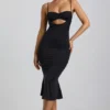 Vestito midi Julane in jersey elasticizzato con ruches e cut-out, colore nero Vestito midi Julane in jersey elasticizzato con ruches e cut-out, colore nero