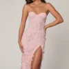 Vestito midi-lungo con corsetto allacciato e spacco in rosa tenue