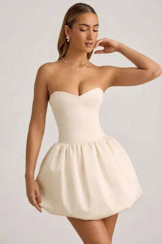 Vestito midi-lungo convertibile con orlo a palloncino e fiocco Gloriana in avorio