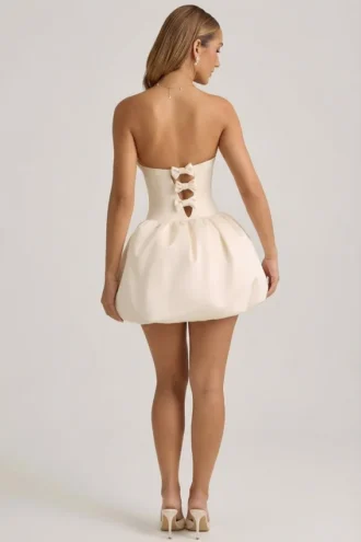 Vestito midi-lungo convertibile con orlo a palloncino e fiocco Gloriana in avorio