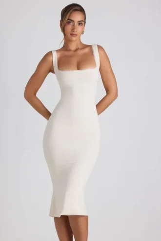 Vestito midi Navi in modal con bordi in pizzo, colore avorio