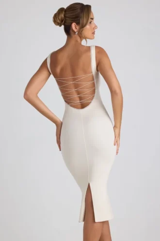 Vestito midi Navi in modal con bordi in pizzo, colore avorio