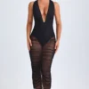 Vestito midi scollato con ruches Safira in nero Vestito midi scollato con ruches Safira in nero