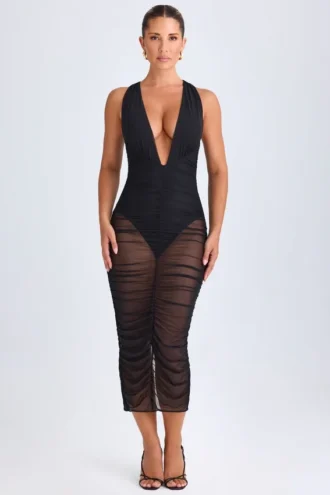 Vestito midi scollato con ruches Safira in nero