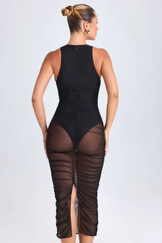 Vestito midi scollato con ruches Safira in nero