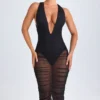 Vestito midi scollato con ruches Safira in nero Vestito midi scollato con ruches Safira in nero