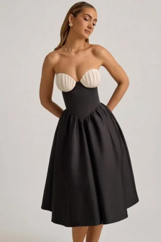 Vestito midi senza spalline con corpetto a corsetto Gabrielle in nero