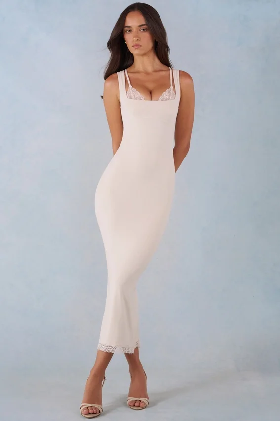 Vestito midi Sorelle in modal con bordi in pizzo, colore avorio Vestito midi Sorelle in modal con bordi in pizzo, colore avorio