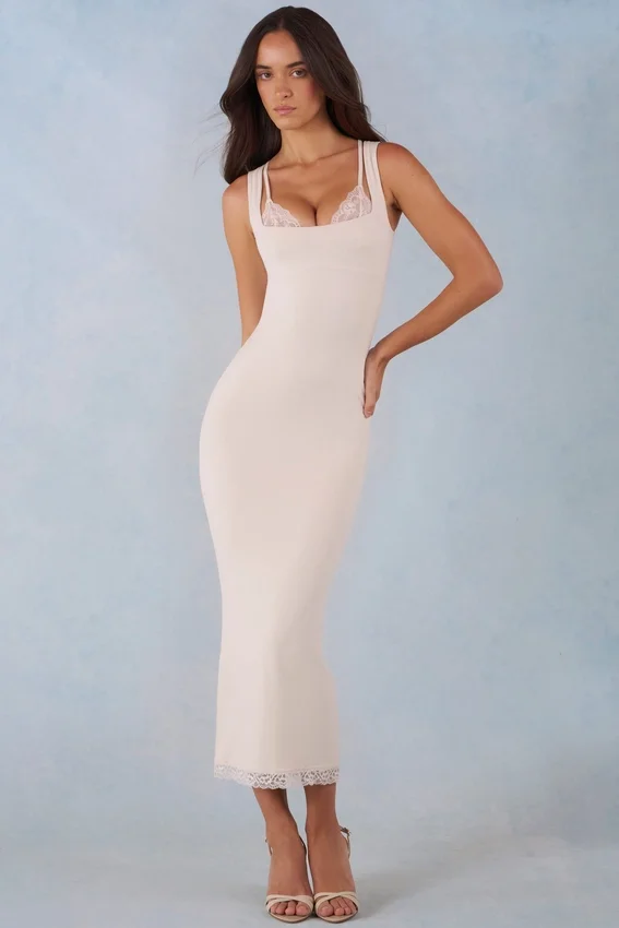 Vestito midi Sorelle in modal con bordi in pizzo, colore avorio Vestito midi Sorelle in modal con bordi in pizzo, colore avorio
