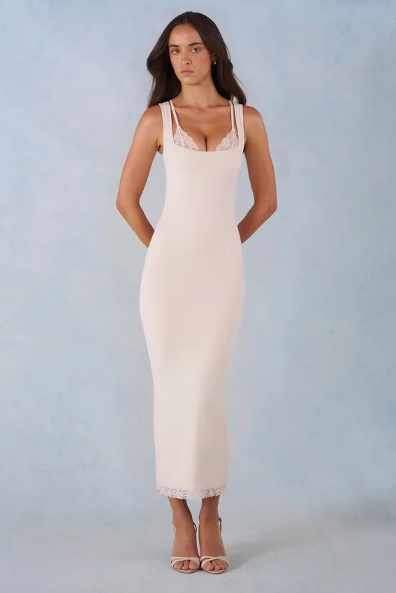Vestito midi Sorelle in modal con bordi in pizzo, colore avorio Vestito midi Sorelle in modal con bordi in pizzo, colore avorio