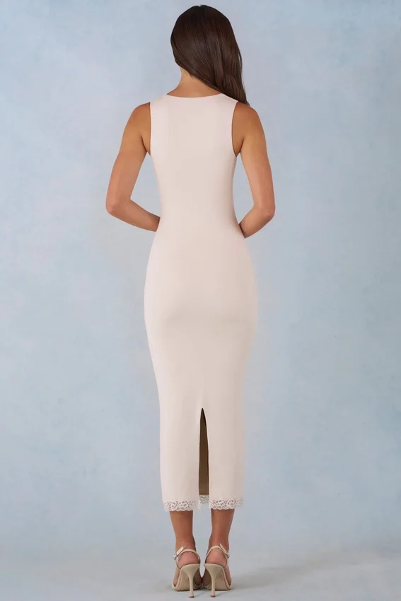 Vestito midi Sorelle in modal con bordi in pizzo, colore avorio Vestito midi Sorelle in modal con bordi in pizzo, colore avorio
