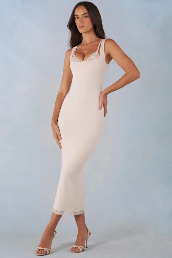 Vestito midi Sorelle in modal con bordi in pizzo, colore avorio Vestito midi Sorelle in modal con bordi in pizzo, colore avorio