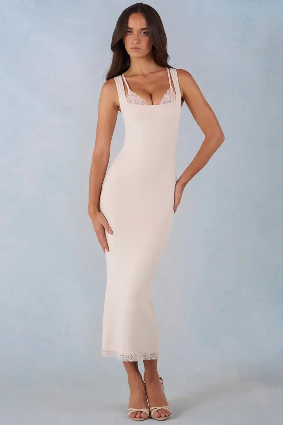 Vestito midi Sorelle in modal con bordi in pizzo, colore avorio Vestito midi Sorelle in modal con bordi in pizzo, colore avorio