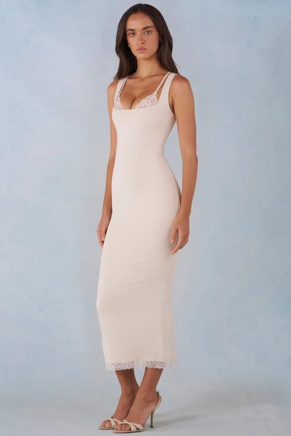 Vestito midi Sorelle in modal con bordi in pizzo, colore avorio Vestito midi Sorelle in modal con bordi in pizzo, colore avorio