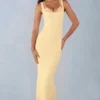 Vestito midi Sorelle in modal con bordi in pizzo, colore giallo burro Vestito midi Sorelle in modal con bordi in pizzo, colore giallo burro