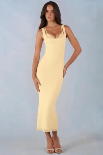 Vestito midi Sorelle in modal con bordi in pizzo, colore giallo burro