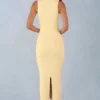 Vestito midi Sorelle in modal con bordi in pizzo, colore giallo burro Vestito midi Sorelle in modal con bordi in pizzo, colore giallo burro