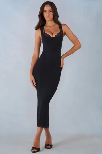 Vestito midi Sorelle in modal con bordi in pizzo, nero