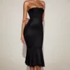 Vestito midi svasato a fascia con bordi in pizzo satinato Belsa, nero Vestito midi svasato a fascia con bordi in pizzo satinato Belsa, nero