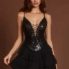 Vestito Ottavia con volant e allacciatura decorata in zebrato nero