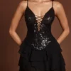 Vestito Ottavia con volant e allacciatura decorata in zebrato nero