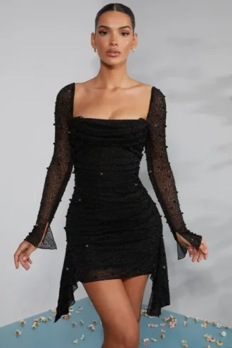 Vestito Tivoli a maniche lunghe con collo a cappuccio decorato, nero