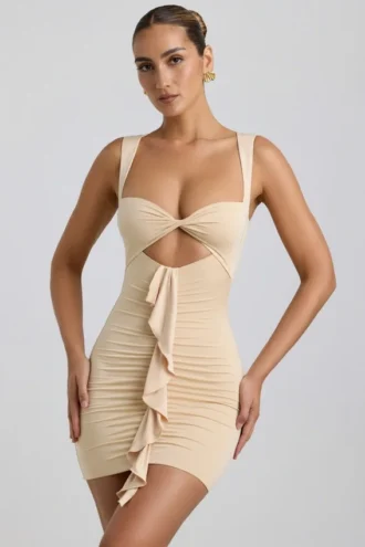 Vestito Zivanka in jersey elasticizzato con cut-out e bordi arricciati in color crema