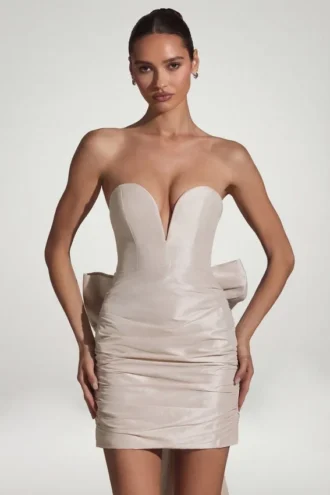 Viviana Vestito corto senza spalline in raso con fiocco in avorio