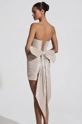 Viviana Vestito corto senza spalline in raso con fiocco in avorio