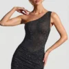 Zahira Vestito corto monospalla con decorazioni in nero Zahira Vestito corto monospalla con decorazioni in nero