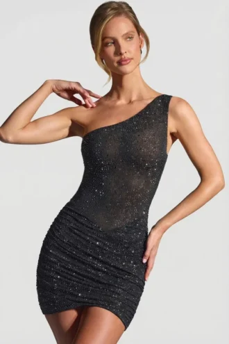 Zahira Vestito corto monospalla con decorazioni in nero