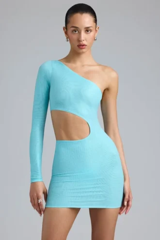 Zanab Vestito corto monospalla con cut-out metallizzato in blu ghiaccio