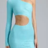 Zanab Vestito corto monospalla con cut-out metallizzato in blu ghiaccio Zanab Vestito corto monospalla con cut-out metallizzato in blu ghiaccio