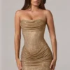 Zara Vestito corto a fascia con decorazioni e vita arricciata in oro Zara Vestito corto a fascia con decorazioni e vita arricciata in oro