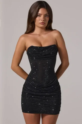 Zara Vestito corto con scollo a fascia e vita drappeggiata, nero Zara Vestito corto con scollo a fascia e vita drappeggiata, nero