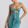 Zivanka Abito corto in jersey slinky con cut-out e volant in verde mare