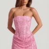 Ziya Abito mini drappeggiato senza spalline con decorazioni, linea ad A, in rosa Ziya Abito mini drappeggiato senza spalline con decorazioni, linea ad A, in rosa