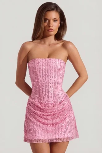 Ziya Abito mini drappeggiato senza spalline con decorazioni, linea ad A, in rosa Ziya Abito mini drappeggiato senza spalline con decorazioni, linea ad A, in rosa