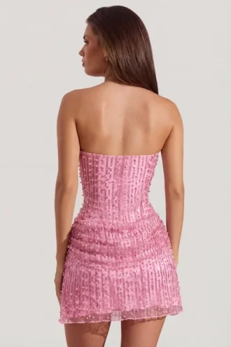 Ziya Abito mini drappeggiato senza spalline con decorazioni, linea ad A, in rosa Ziya Abito mini drappeggiato senza spalline con decorazioni, linea ad A, in rosa