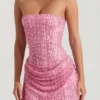Ziya Abito mini drappeggiato senza spalline con decorazioni, linea ad A, in rosa Ziya Abito mini drappeggiato senza spalline con decorazioni, linea ad A, in rosa